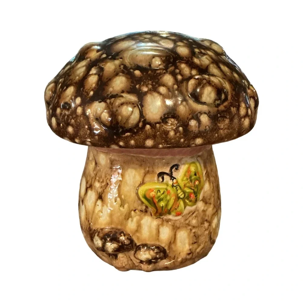 Vintage 1973 Ceramic Mushroom Butterfly Figurine Drip Glaze Brown 6 Inch CK 73
